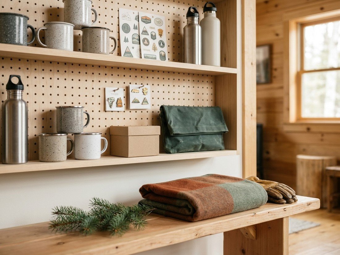 A styled shelf of outdoor goods