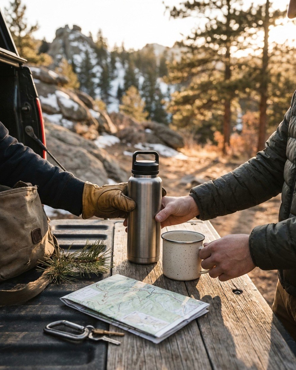Insulated bottle and enamel mug at a trailhead